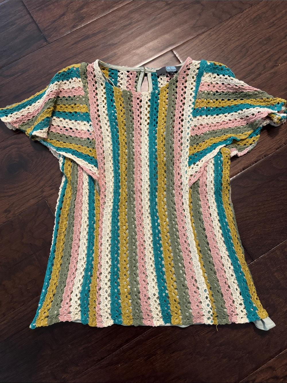 Multi-Stripe Crochet Short Sleeve Tunic - Pastel Multi